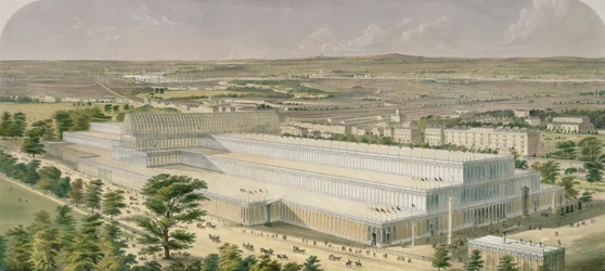 Luftansicht des Palastes der Industrie für alle Nationen, vom Kensington Gardens, veröffentlicht von Ackermann, 1851